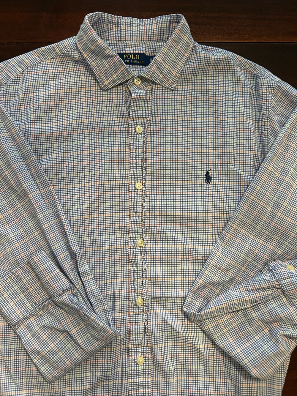 Polo by Ralph Lauren Blue and Orange Micro-Check Button-Down Shirt